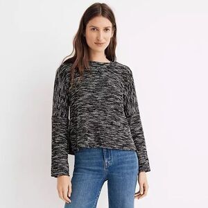 New Madewell Size XXS Black & White Spacedye Button Shoulder Wide Sleeve Sweater